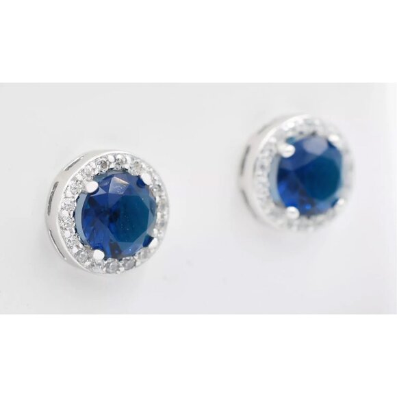 Genuine 2.54 Cts Blue & White Sapphire Stud Earrings .925 Silver - Picture 3 of 3